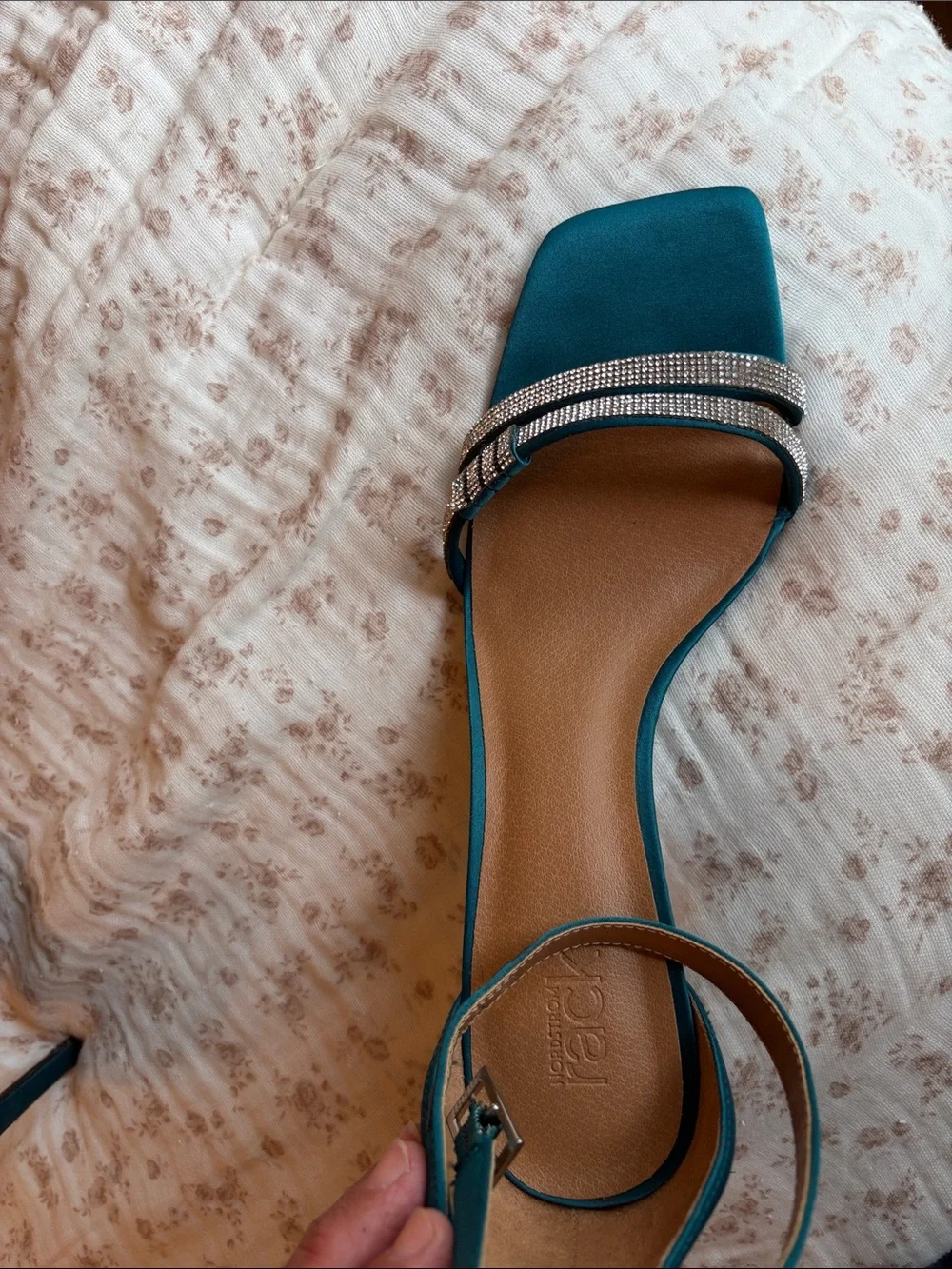 Teal Satin Ankle-Strap Evening Heels with Crystal Accent